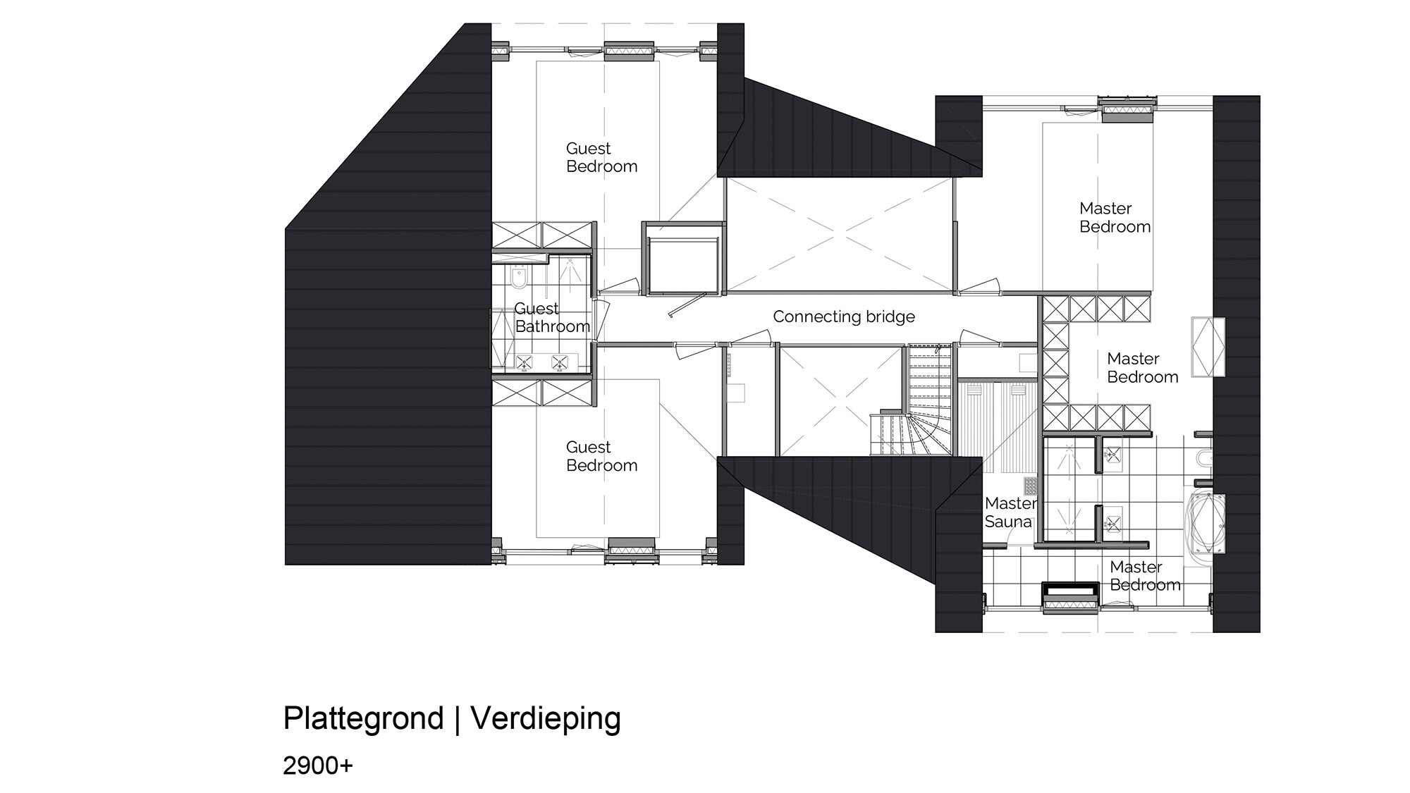 Grundrisszeichnung des ersten Stocks eines modernen Einfamilienhauses. Der Plan zeigt zwei Gästezimmer mit einem dazugehörigen Bad auf der linken Seite, verbunden durch eine Brücke zu einem großen Hauptschlafzimmer auf der rechten Seite, das auch eine Sauna beinhaltet. Der Grundriss ist in schwarz-weißer Farbgebung gehalten, detailliert und maßstabsgetreu gezeichnet mit klarer Beschriftung der Räume.