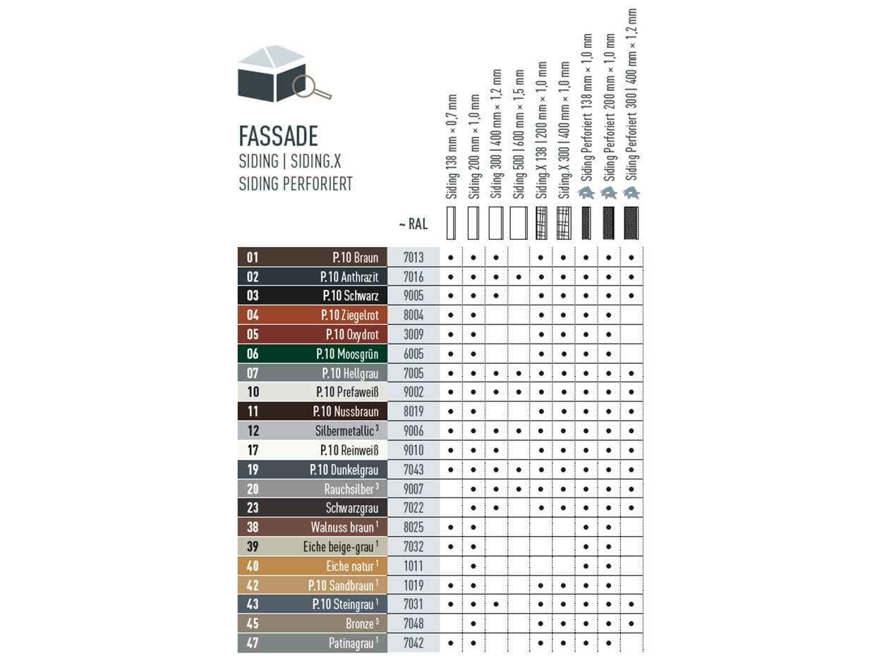 Farbtabelle, die zeigt in welchen Farben es PREFA Sidings und Siding.X gibt. PREFA Siding und Siding.X gibt es in verschiedenen P.10 und Standardfarben.