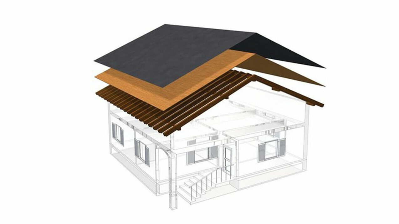 PREFA Illustration technique de la construction d’un toit simple peau - les combles ne peuvent pas servir d’espace d’habitation, car ils servent de lame d’air au toit à couverture métallique ; voligeage intégral et couche de séparation sans lattage ; toiture chaude