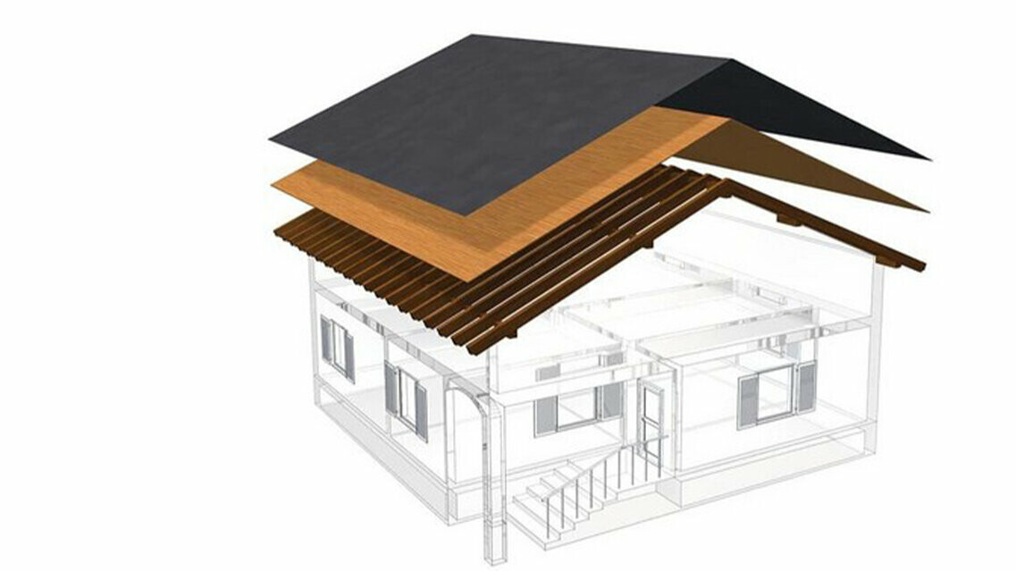 PREFA Illustration technique de la construction d’un toit simple peau - les combles ne peuvent pas servir d’espace d’habitation, car ils servent de lame d’air au toit à couverture métallique ; voligeage intégral et couche de séparation sans lattage ; toiture chaude