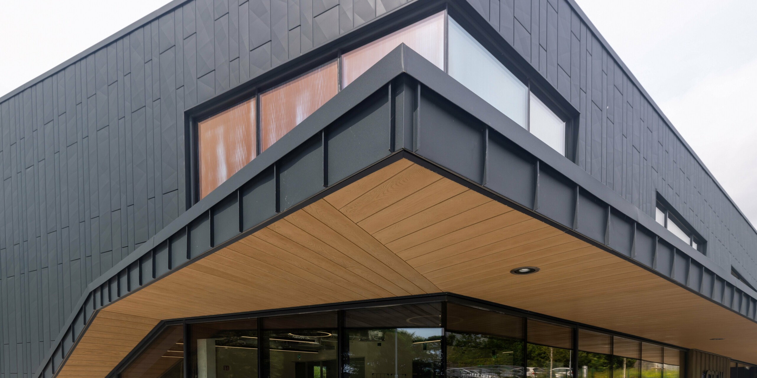 Vue détaillée de la zone d'entrée du bâtiment CREW à Galway, en Irlande, avec une architecture moderne et une façade en aluminium PREFA de haute qualité. La façade est composée de panneaux de façade Siding.X et d'un revêtement à joint debout PREFALZ de couleur P.10 anthracite. L'auvent à l'aspect bois élégant sur la face inférieure complète le revêtement en aluminium anthracite et confère au bâtiment une atmosphère chaleureuse et accueillante. Les grandes fenêtres assurent des intérieurs lumineux et ouverts.