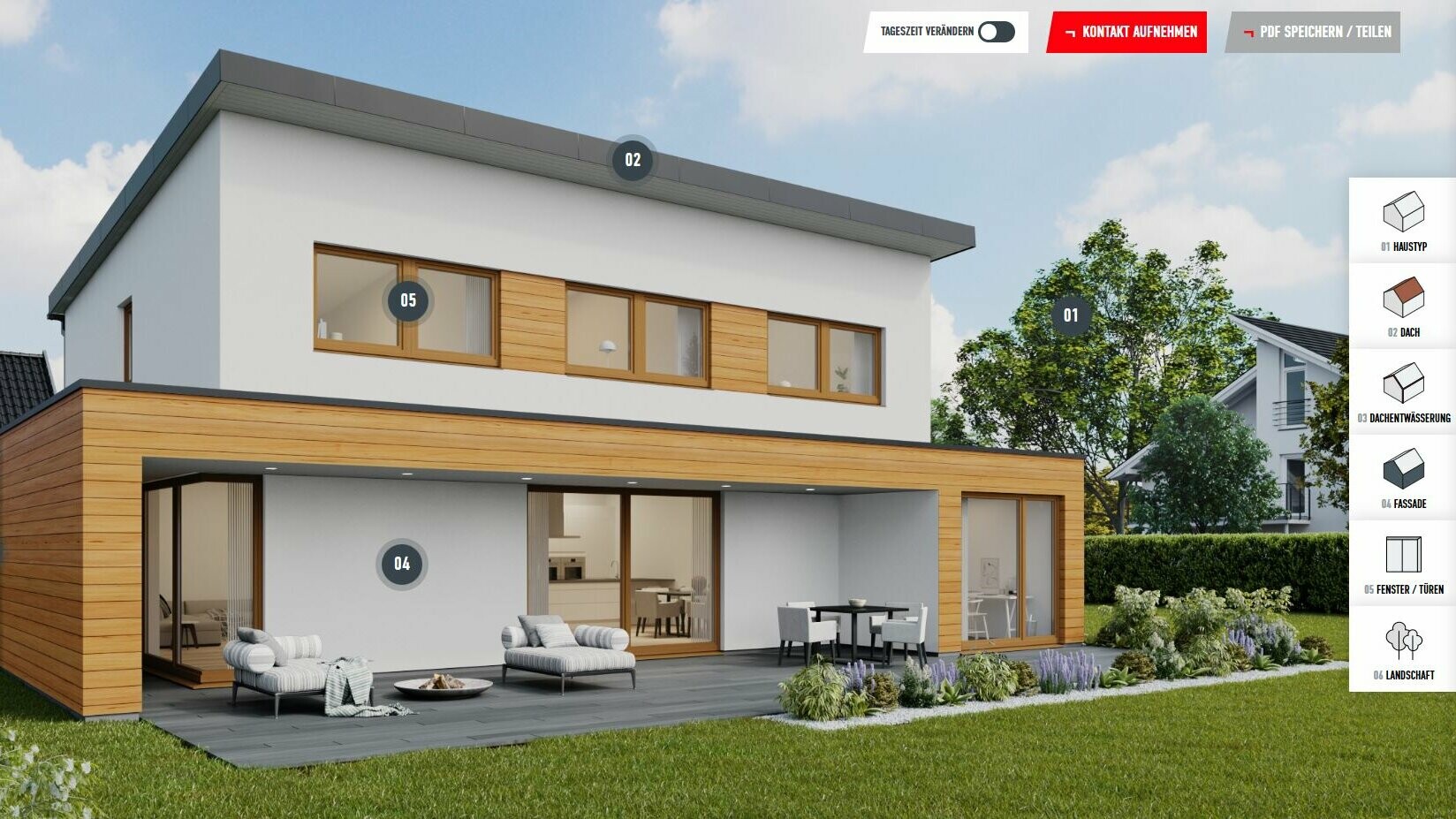 Exemple de fenêtre de configuration d’une maison individuelle dotée d’un toit monopente dans la couleur P.10 noir, avec éléments en bois sur la façade. La maison se trouve dans une zone d’habitation en banlieue.